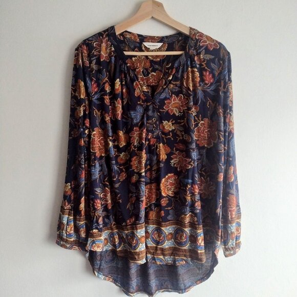 Lucky Brand Tops - Lucky Brand Floral Blouse L Navy Tan Knit Relaxed Fit Tunic Top